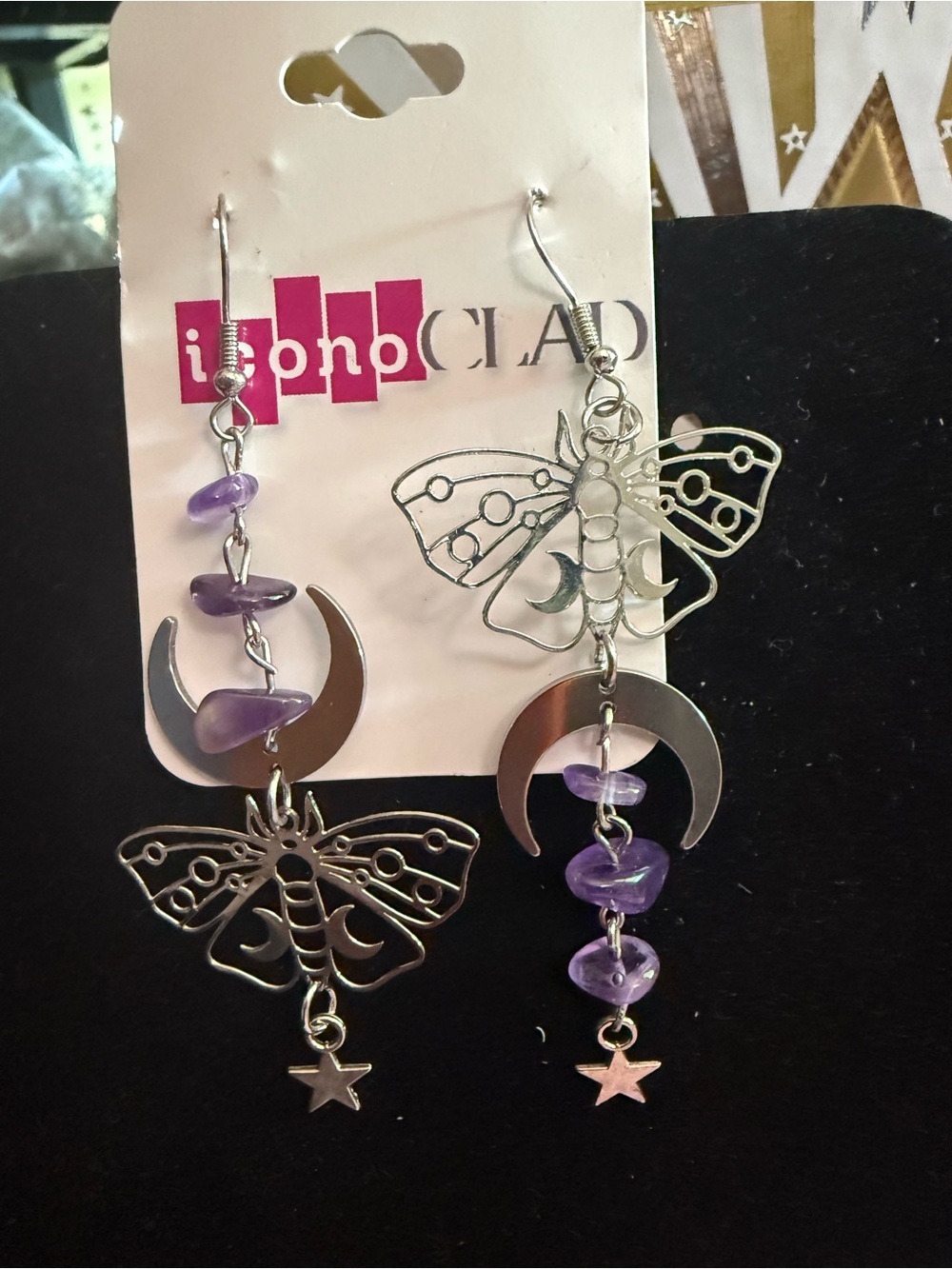 Silver Moth and Crescent Earrings with Purple Beads